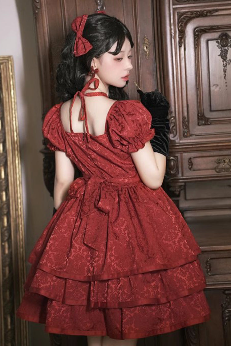 Red Thorn Rose Short Sleeve Multi-Layer Ruffle Bowknot Gothic Dress