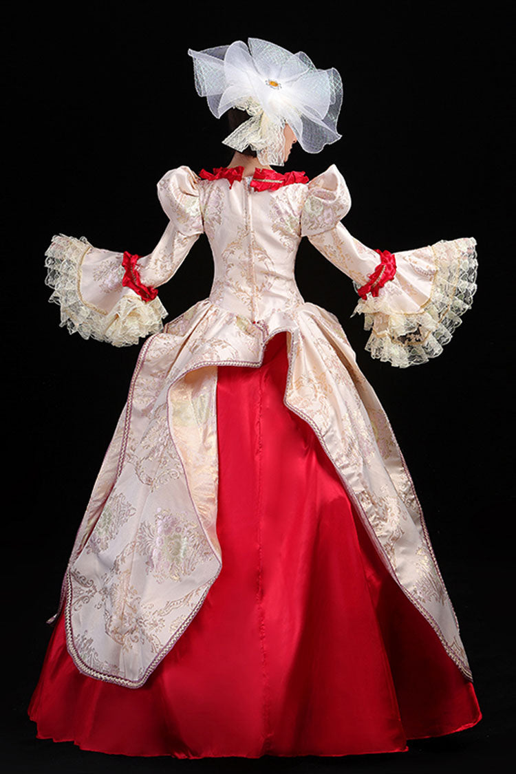 Wine Gown with Golden Stitching and Floral Embroidery - Victorian Lolita