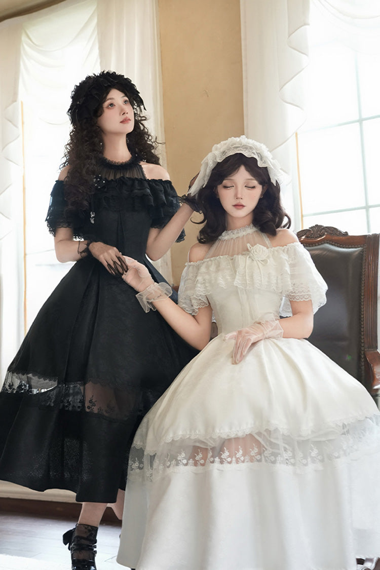 Snow Off Shoulder Halterneck Printed Ruffle Gothic Elegant Dress - Flowers in the Mist