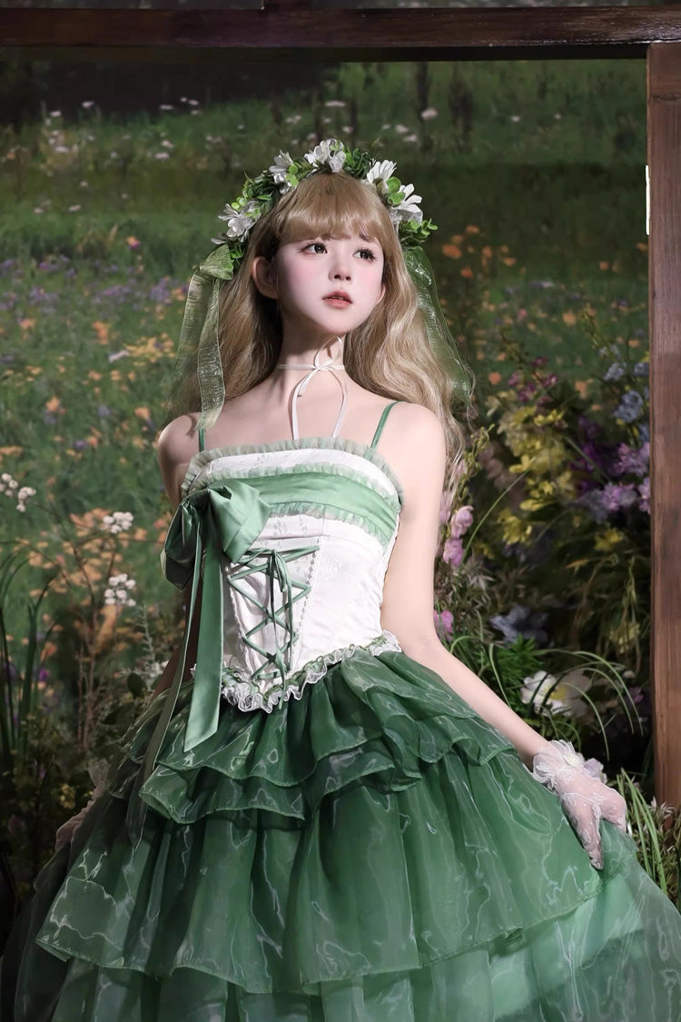 Green Sleeveless Triple-Layered Ruffled Bow Lace-Up Sweet Elegant Lolita Skirt Dress Set - Lily of the Valley in Falling Snow
