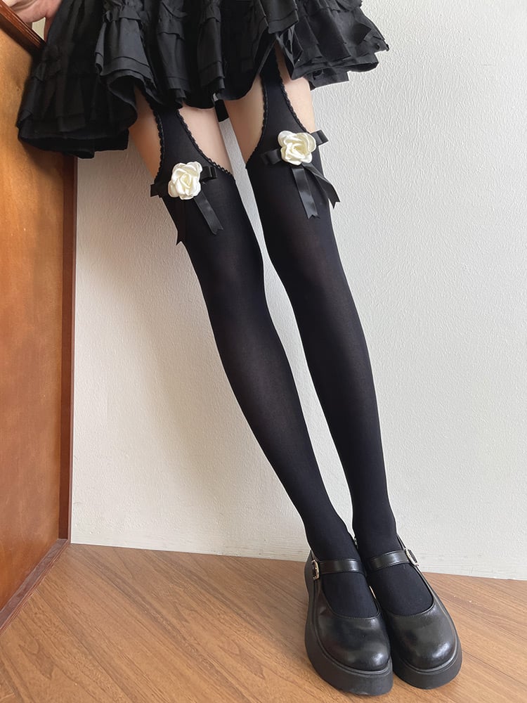 Camellia Suspender Black/White Bowknot Tights