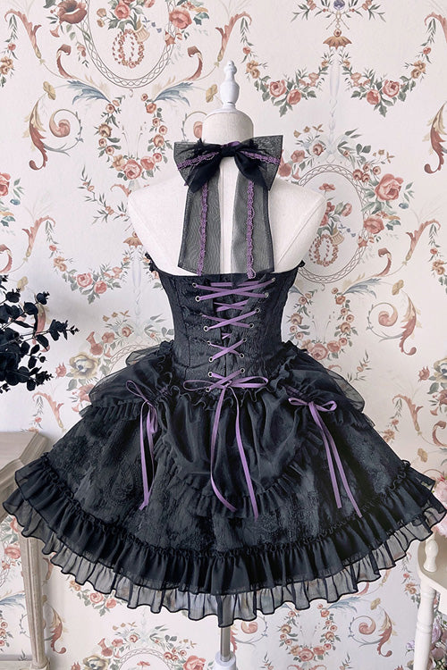Purple-Trimmed Sleeveless Bow Ruffled Layered Lolita Gown