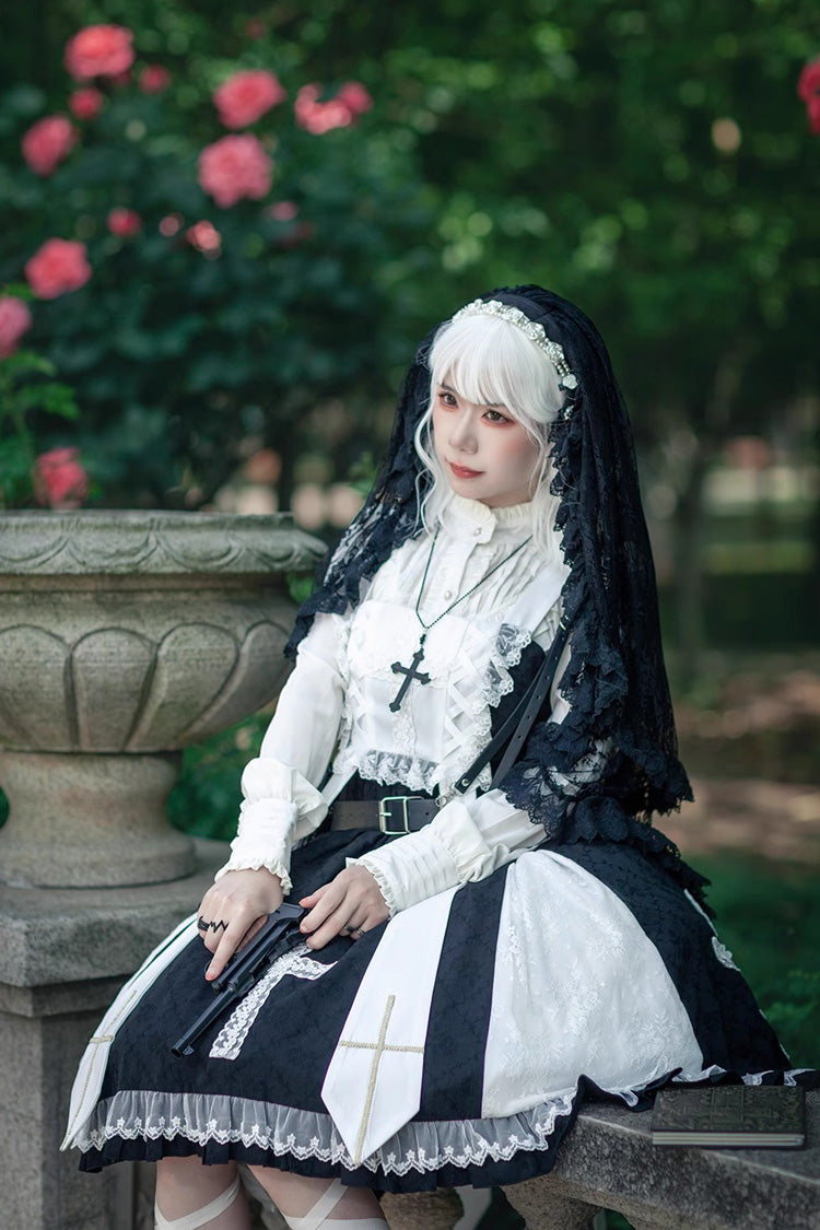 Black Gothic Lolita Dress with Cross Print and Ruffled Sleeveless