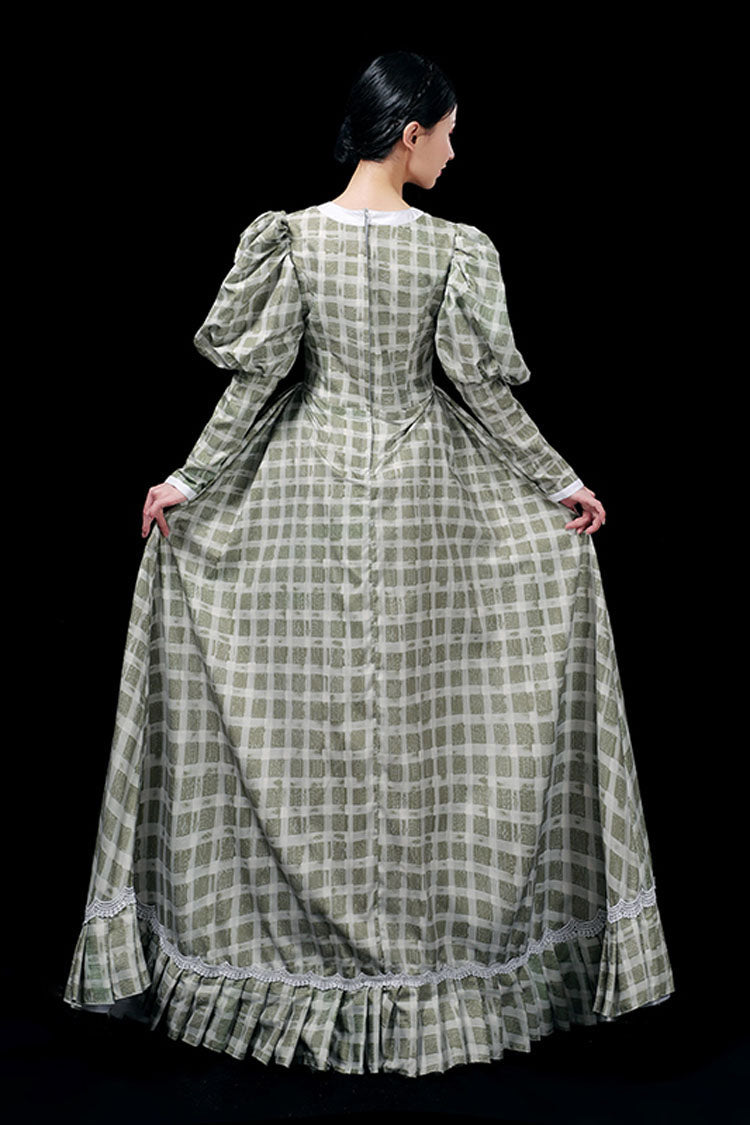 Dark Green Plaid High Waisted Victorian Gown - Ruffled Long Sleeves