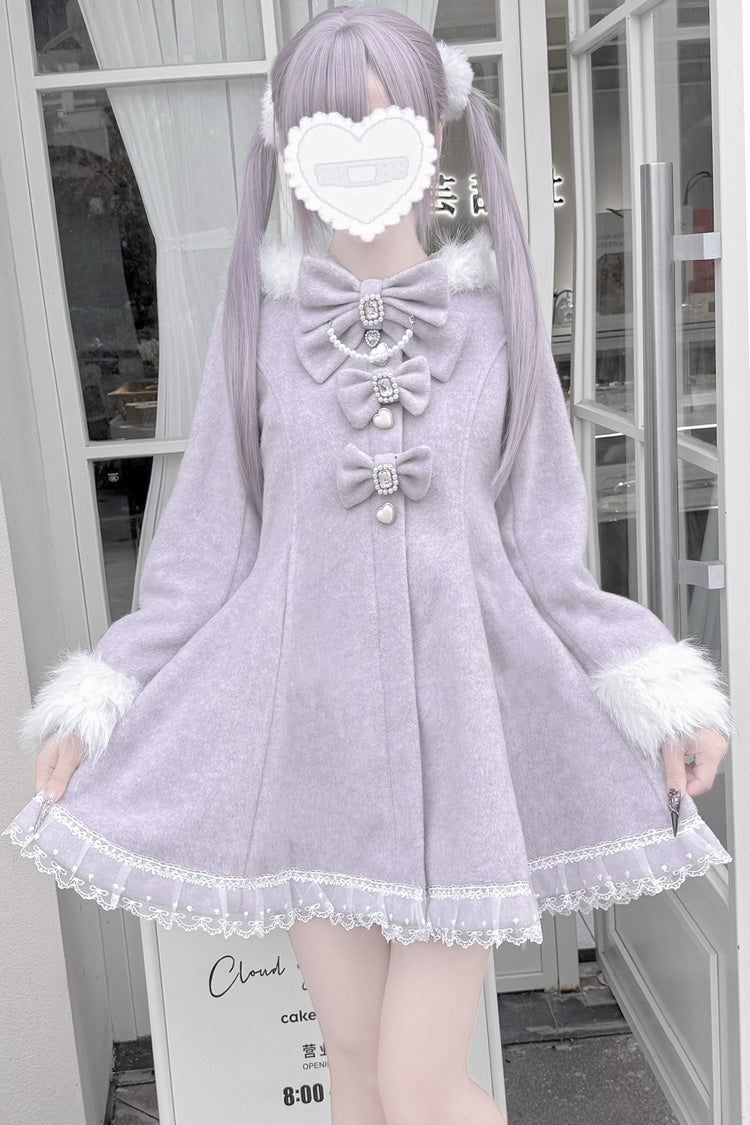 Jirai Kei Coat with Detachable Rabbit Ears Hood, Bowknot, Grey/Purple