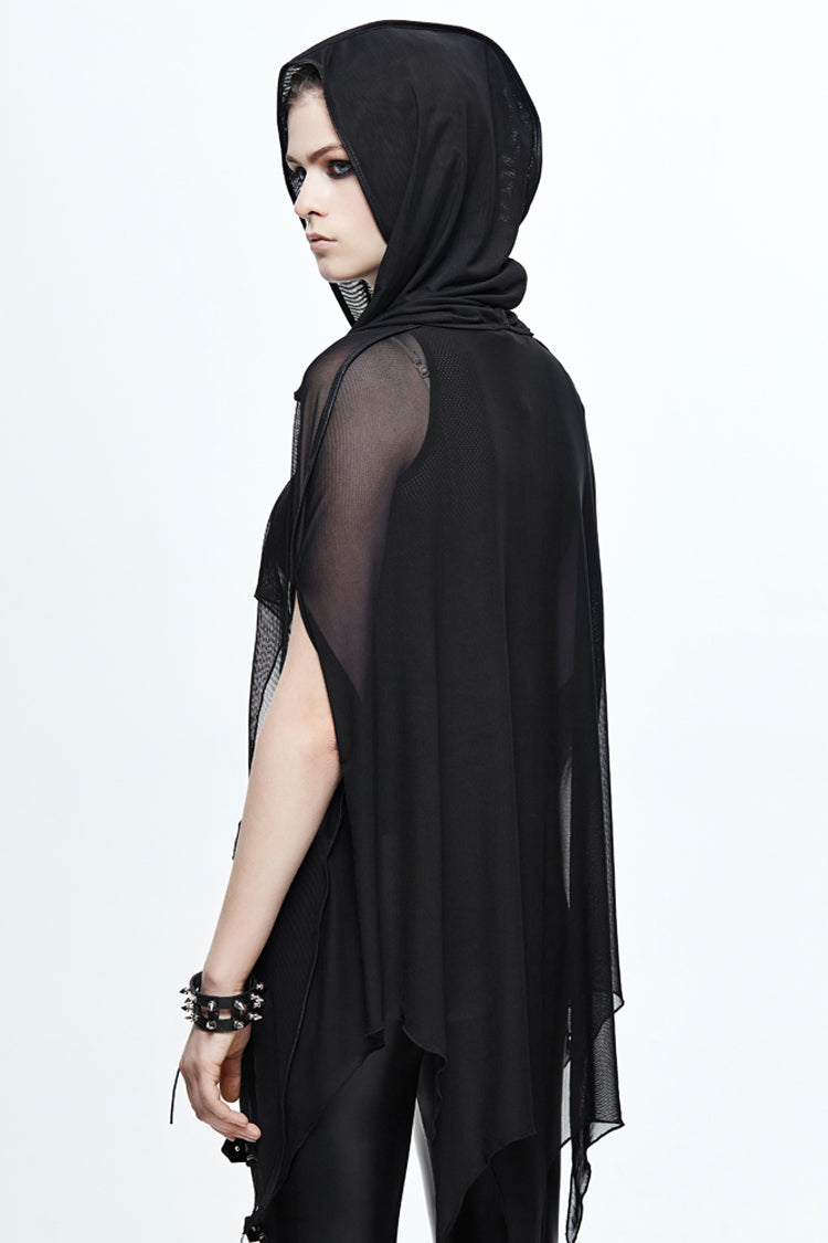 Bat-Wing Shawl with Wavy Hem and Mesh Fabric