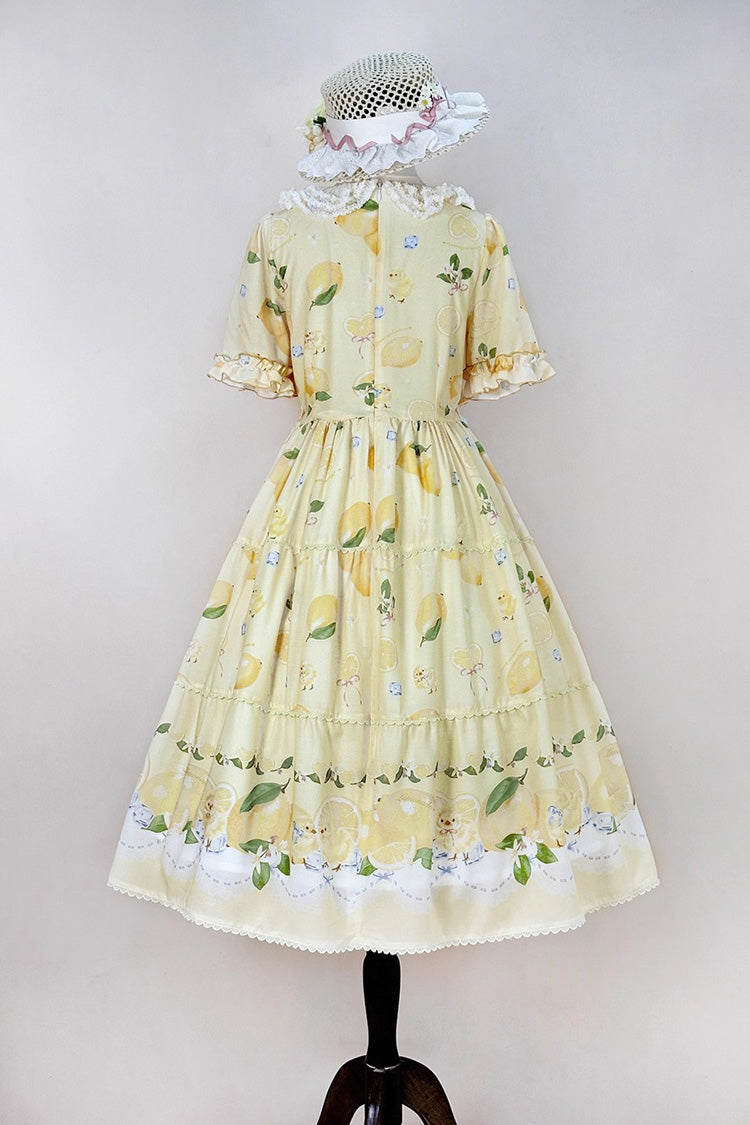Lemon Chicken Print Short Sleeve Ruffled Bow Lace Daily Sweet Lolita Dress - Yellow