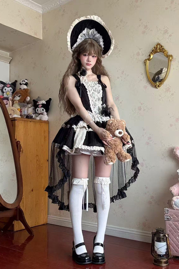 Noir Double Layer Ruffle Bow Lace Ballet Skirt Set - Twilight