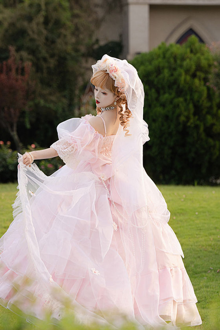 Off Shoulder Short Sleeve Multi-Layered Ruffled Hanayome Bow Lace Sweet Plus Size Lolita Dress - Pink