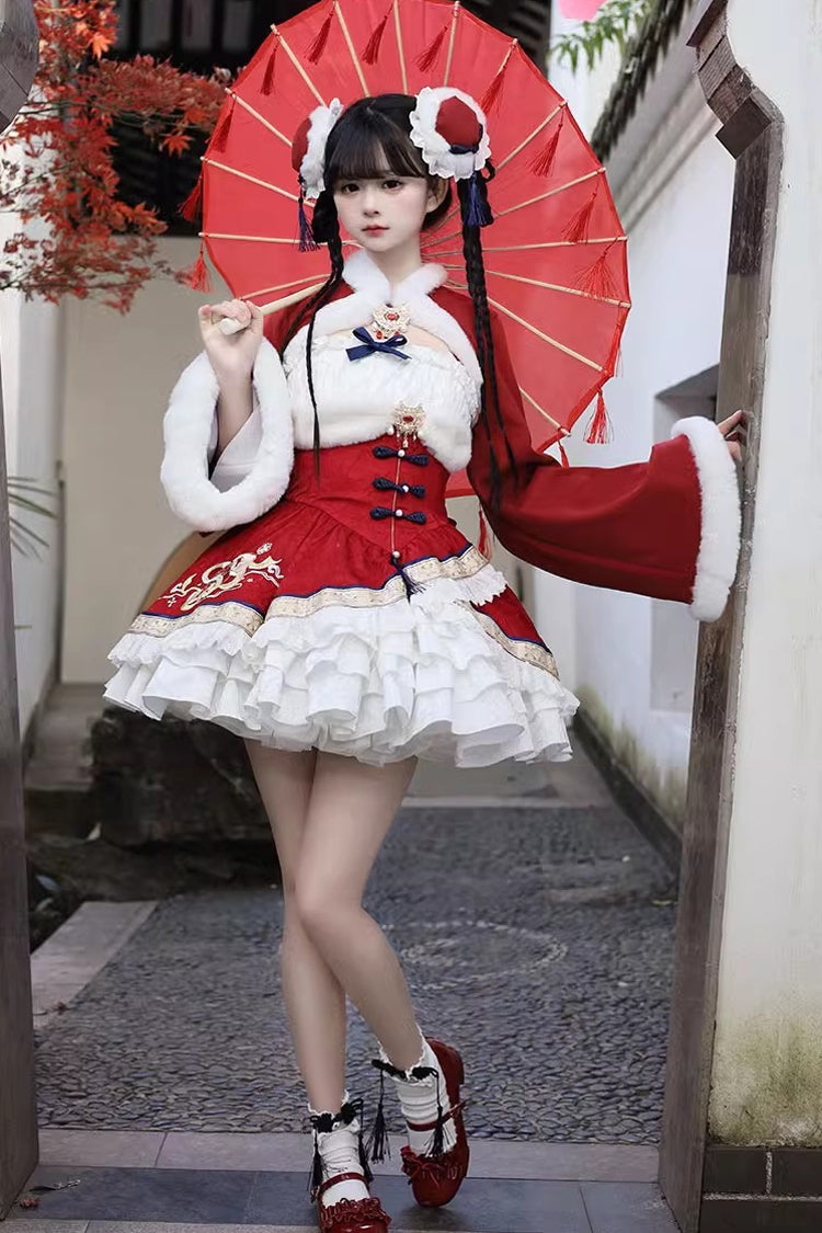 Embroidered Ruffled Bow Sweet Chinese JSK Dress in 2 Colorways