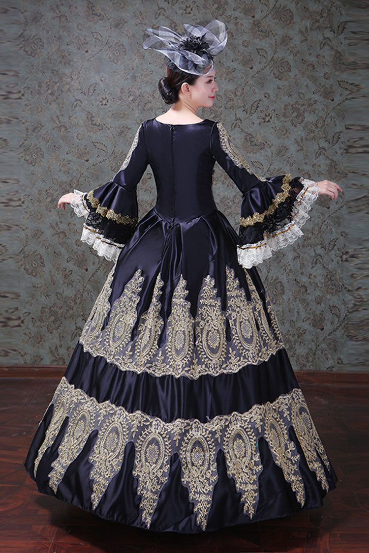 Black Hollow Embroidery Victorian Gown - High Waisted Trumpet Sleeves