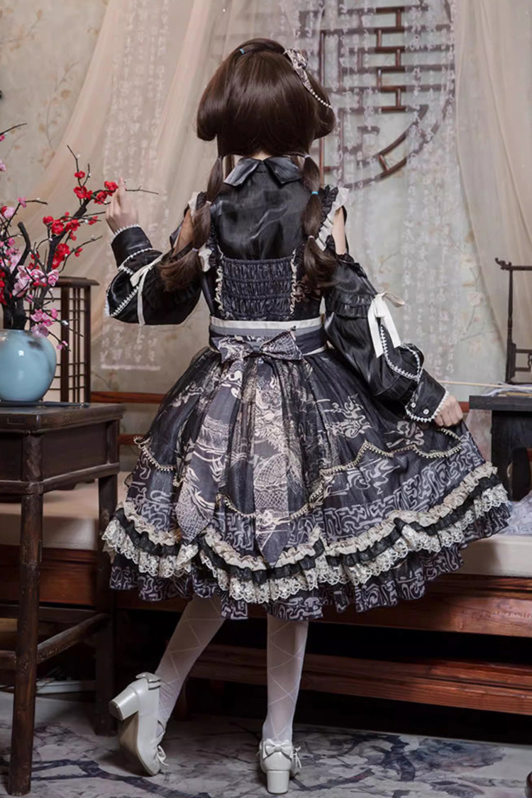 Noir Printed Ruffle Lace Sweet Chinese JSK - Yuelong Poetry