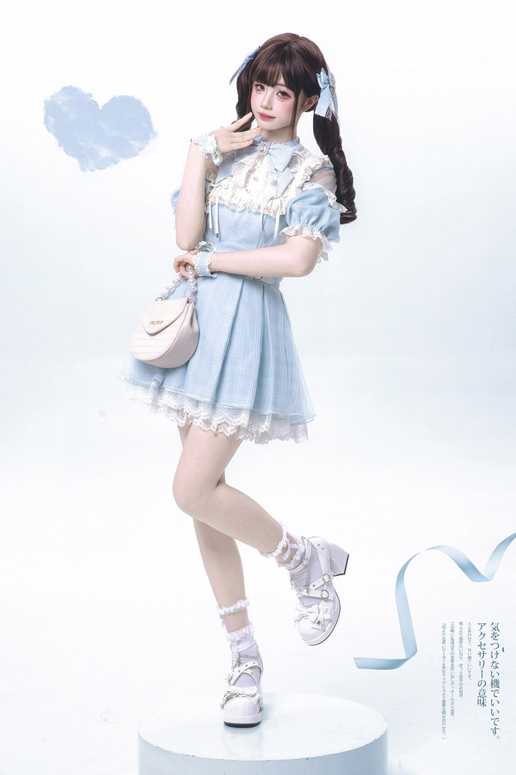 Short-Sleeve Plaid Ruffled Lace Jirai Kei Japanese Lolita Dress