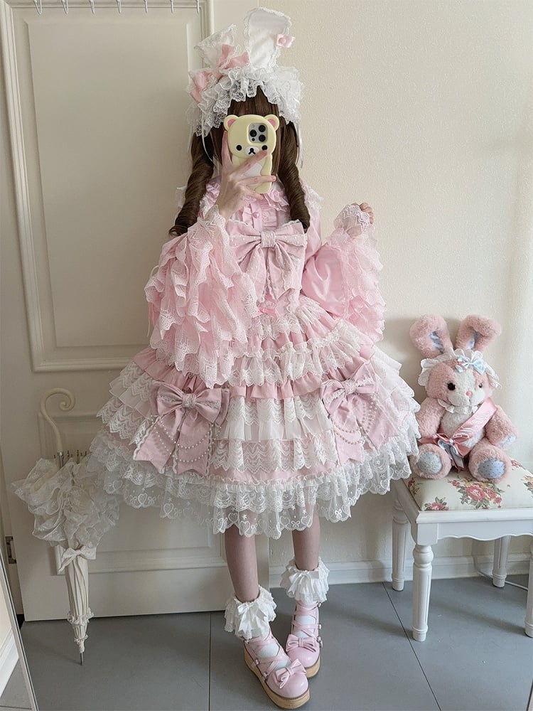 Lolita Dress Pink Bows Bead Big Skirt Chain Hanayome Tiered Decoration