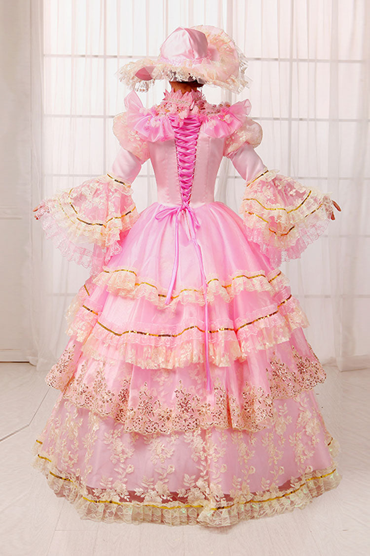 Pink Floral Embroidered Victorian Dress with Bell Sleeves - Altfashion Shop