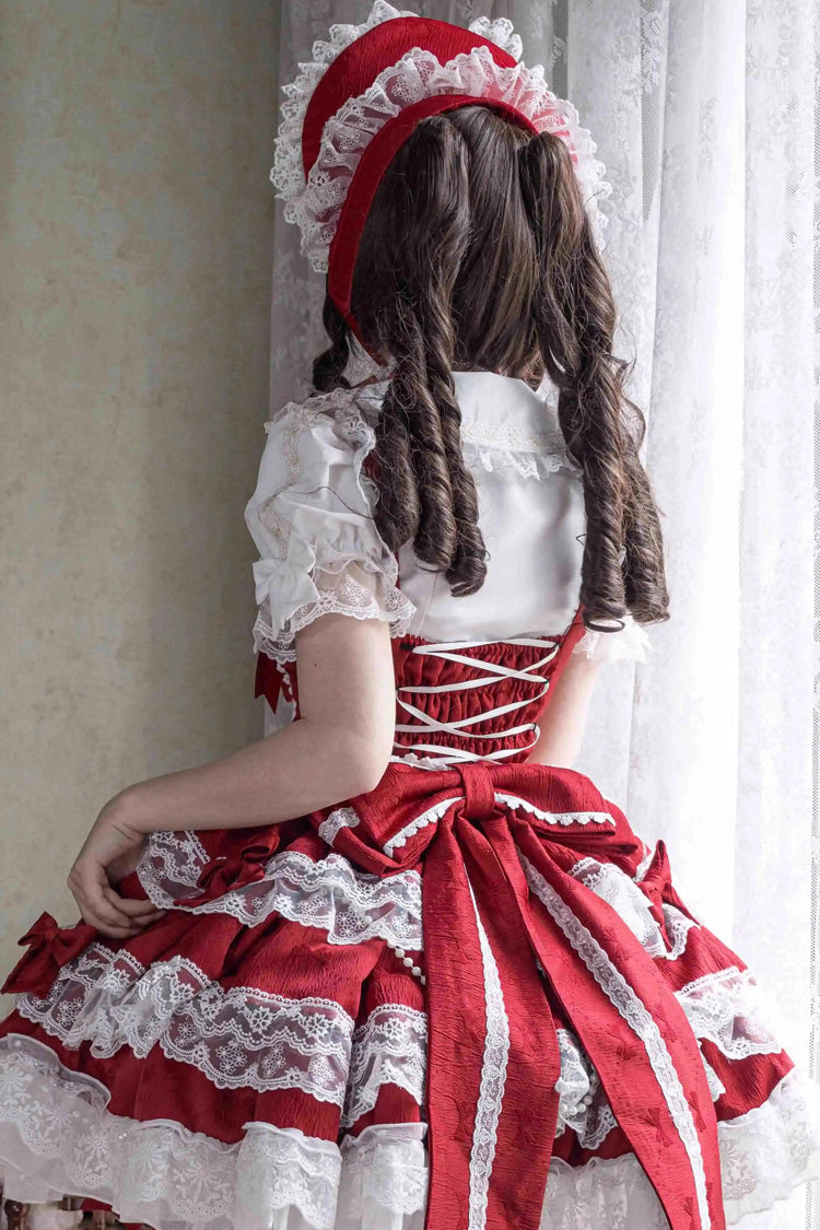 Small Cakes Sleeveless Multi-Layered Ruffled Bow Lace Sweet Lolita JSK Dress - Red