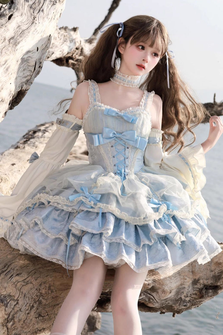 Azure Strapless Tiered Ruffled Bow Corset Princess Lolita Jumper Dress