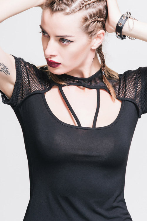 Women's Punk T-Shirt with Hollow Out Short Sleeves Mesh Shawl Lace Up Design
