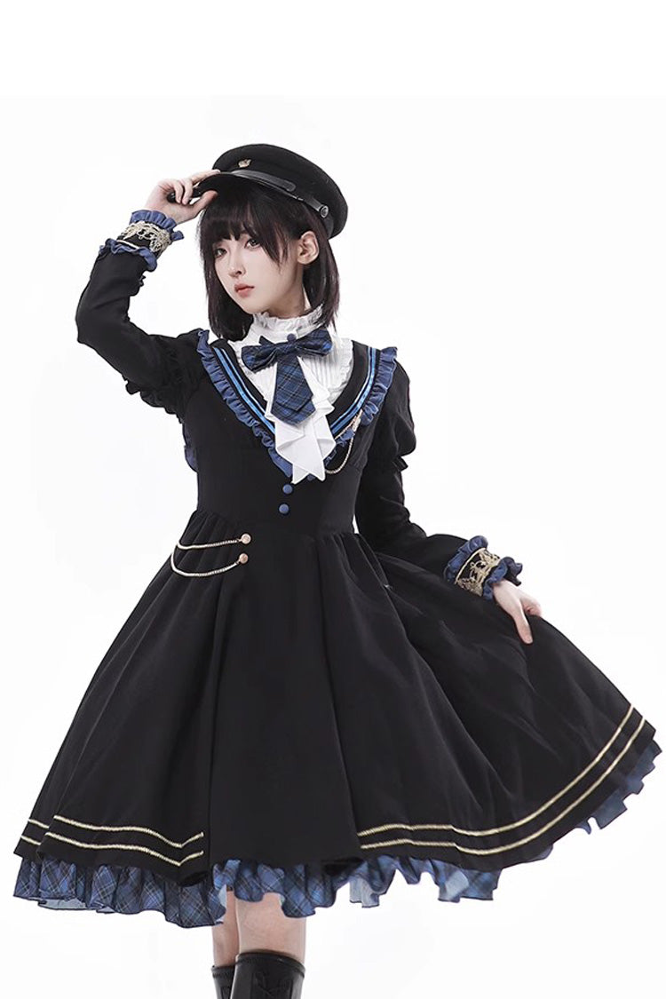 Breaking Dawn Stand Collar Long Sleeve Ruffled Gothic College Elegant Lolita Dress - Black