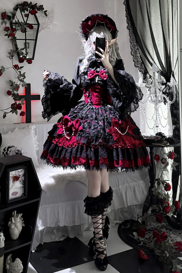 Crimson Ebony Sleeveless Ruffle Bow Lace Corset Gothic Ballet Jumper Dress - Rose Princess