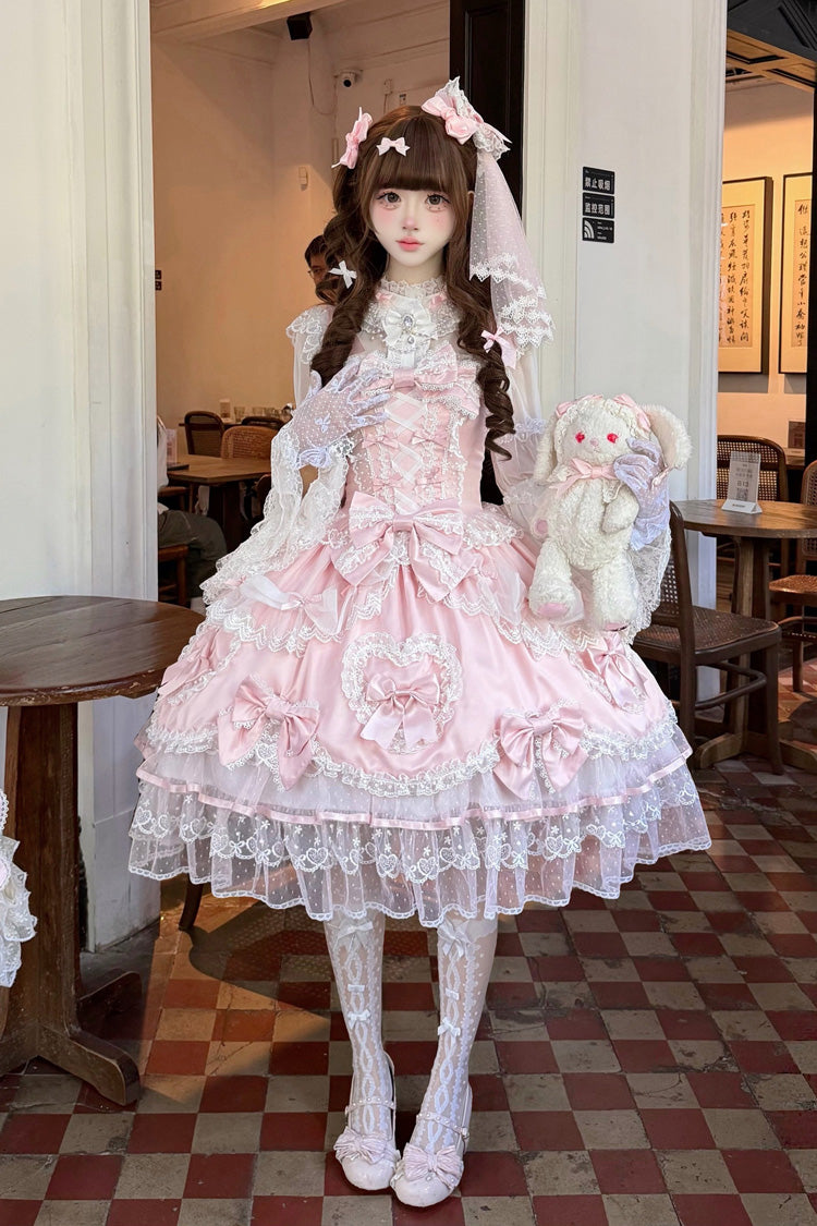 Blush Sleeveless Embroidered Lace-Up Bow Lolita JSK - Sweetheart