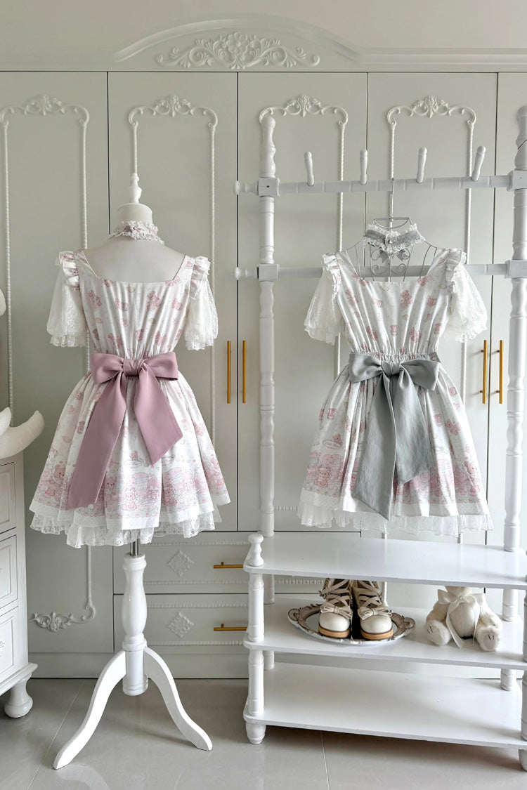 Teddy Bear Party Square Collar Dress with Ruffled Bow