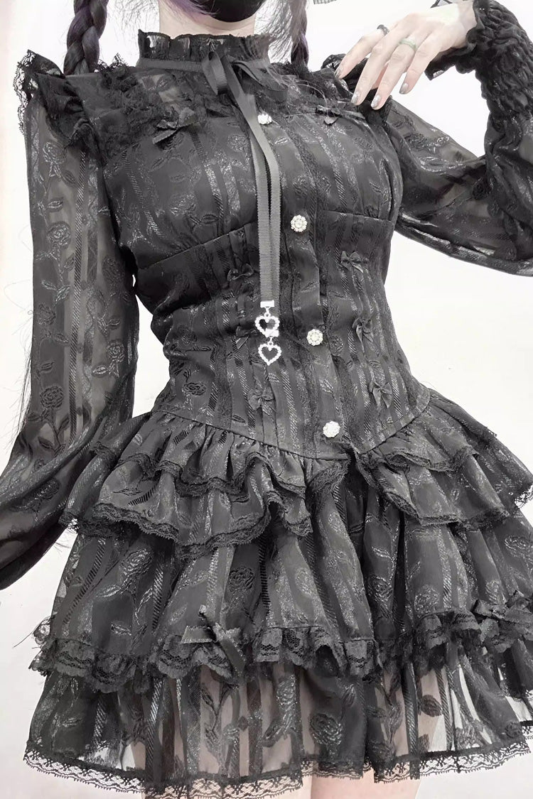 Triple-Layered Multi-Layered Jacquard Ruffled Lace-Up Gothic Jirai Kei Blouse and Pumpkin Shorts Set