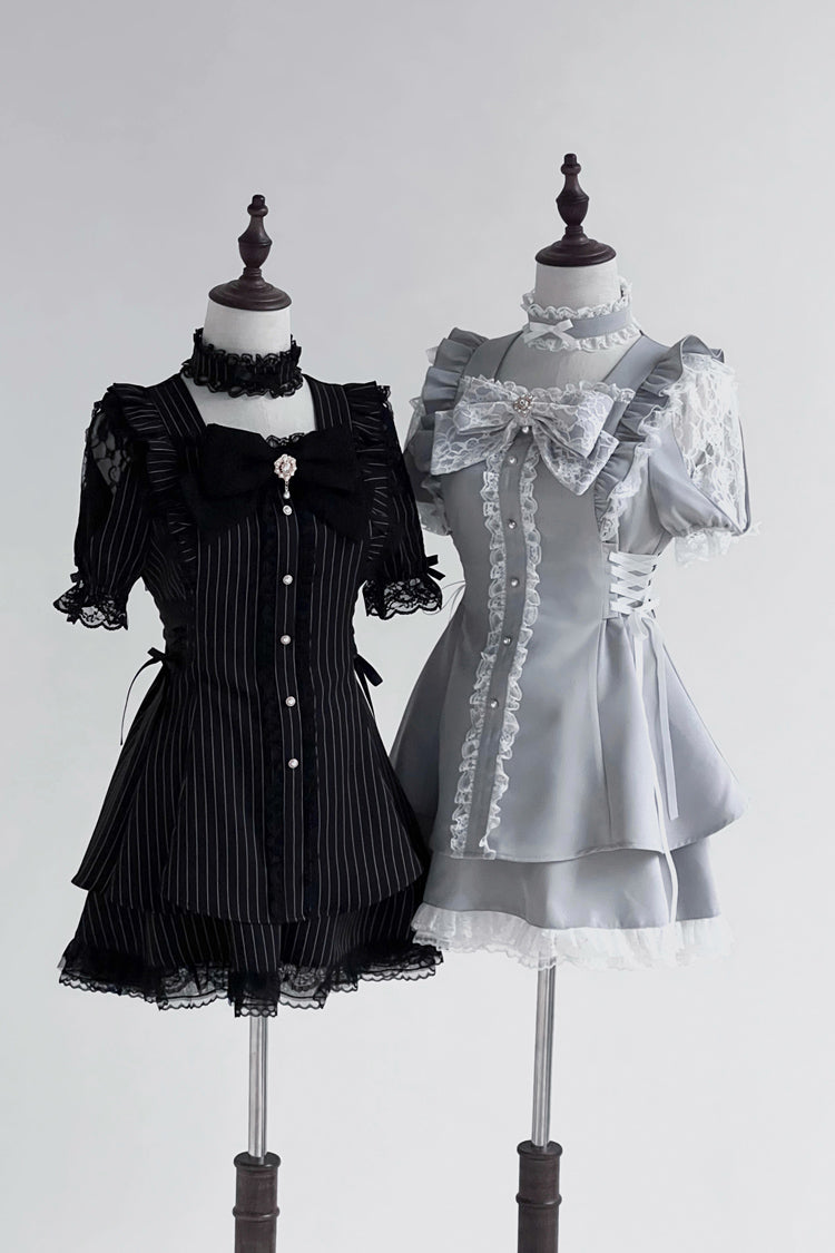Noir Short Sleeve Striped Ruffle Bow Gothic Jirai Kei Set - Waltz