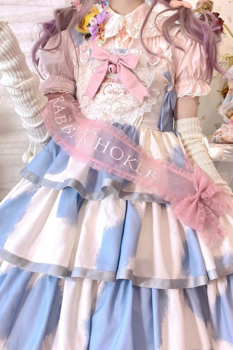 Blue Sleeveless Triple Layer Cow Print Ruffle Bow Sweet Jsk
