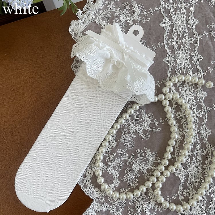 Trim Bowknot Lace Hollow-out Black/White/Apricot Details Socks