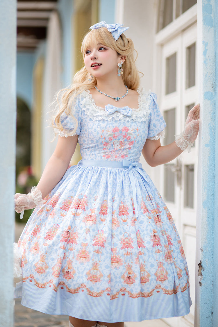 Blue Rose Print Bowknot Sweet Lolita Dress