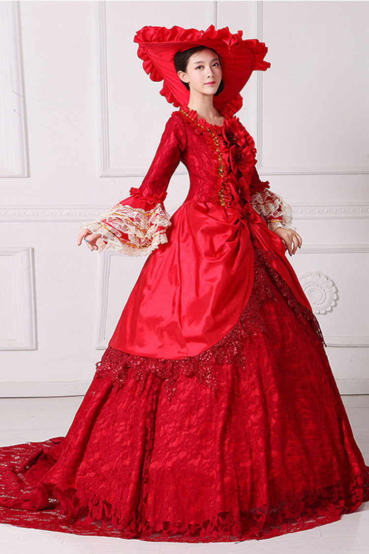 Red Lace Trumpet Sleeve Victorian Gown - Bowknot Hollow Embroidery