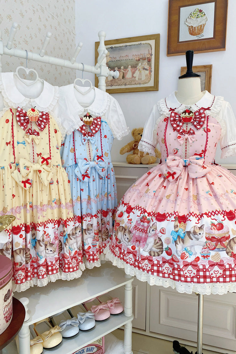 Strawberry Cake Kitty Sleeveless Printed Bow Lace Sweet Strap Dress