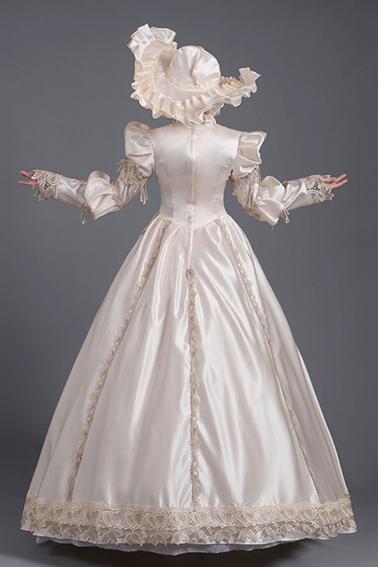 Champagne Victorian Gown with Ruffled Long Sleeves - Court Style