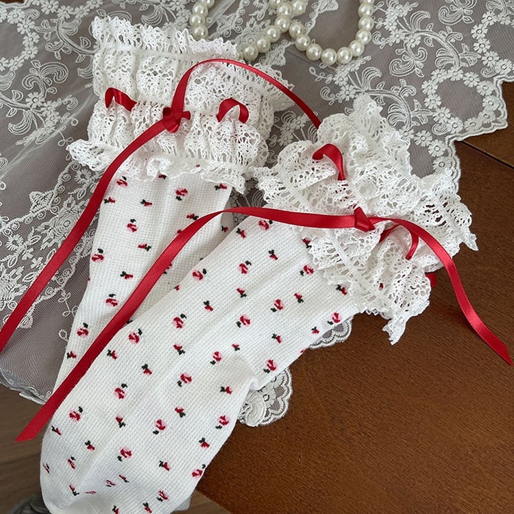 Details Trim Bowknot Black/White Socks Lace Calf Floral Pattern