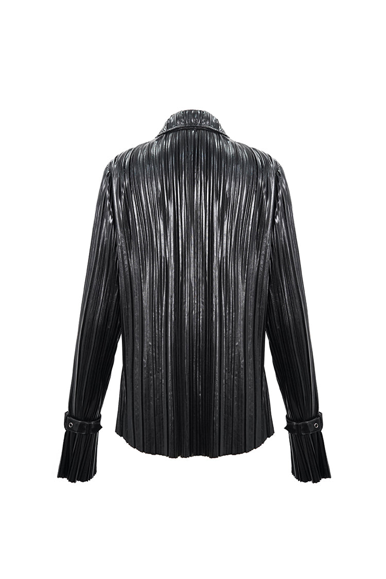 Edgy Studded Cuff Punk Blouse with Pleated Pointed Collar