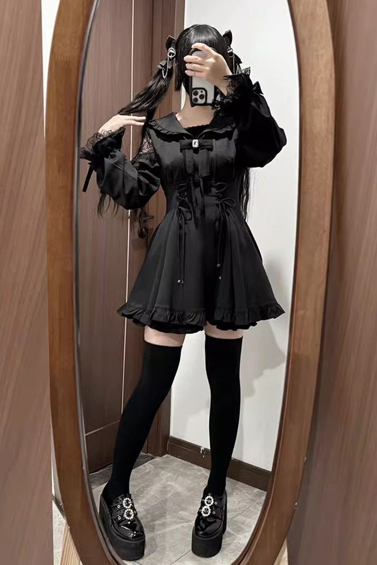 Noir Long Sleeve Ruffle Stitched Lace-Up Jirai Kei Set - Truffle Forest