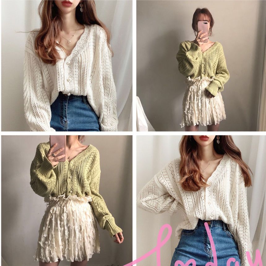 V-Neck Pointelle Knit Cardigan MK19178 MK Kawaii Store