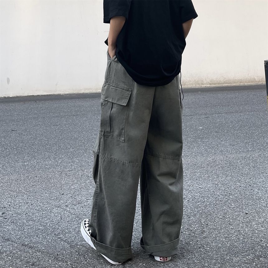 Elastic-Waist Wide-Leg Cargo Pants dd17 MK Kawaii Store