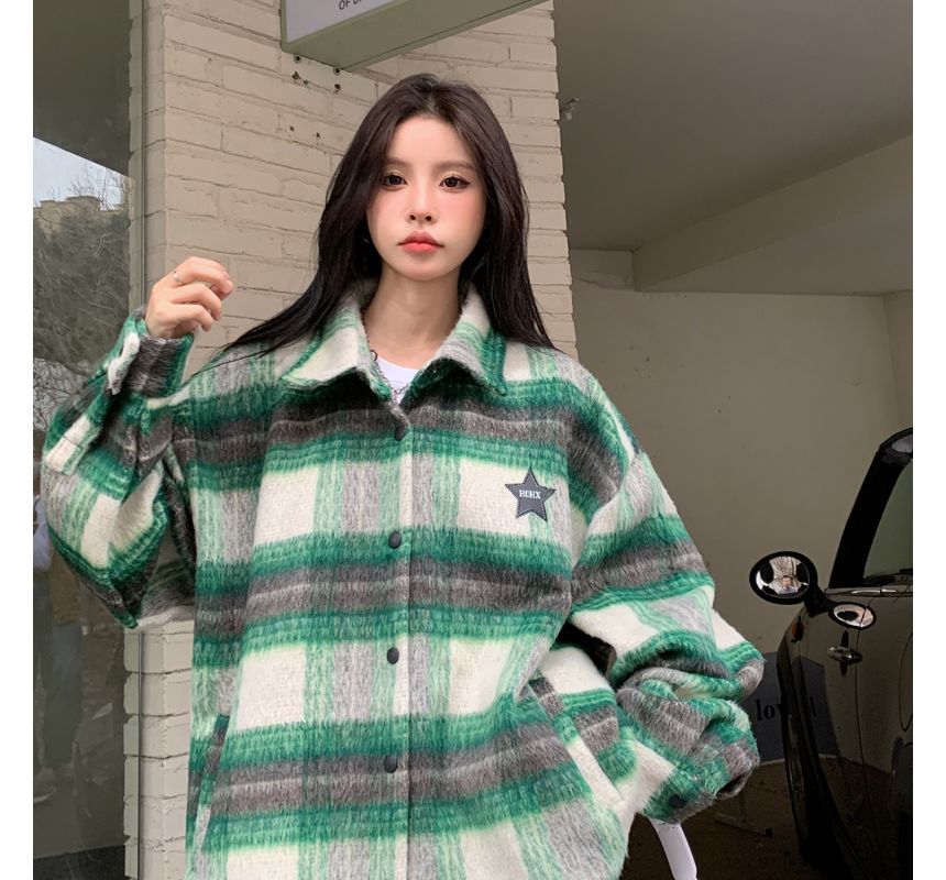Plaid Snap Button Shacket OF5 MK Kawaii Store