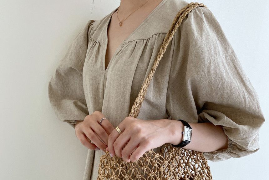 Elbow-Sleeve V-Neck Plain Linen Midi A-Line Dress aa1 MK Kawaii Store