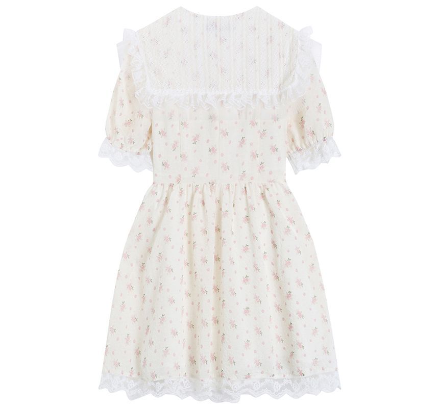 Short-Sleeve V-Neck Lace A-Line Dress aa18 MK Kawaii Store