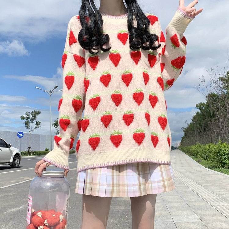 strawberry print oversized sweater - Cupcake MK Kawaii Store