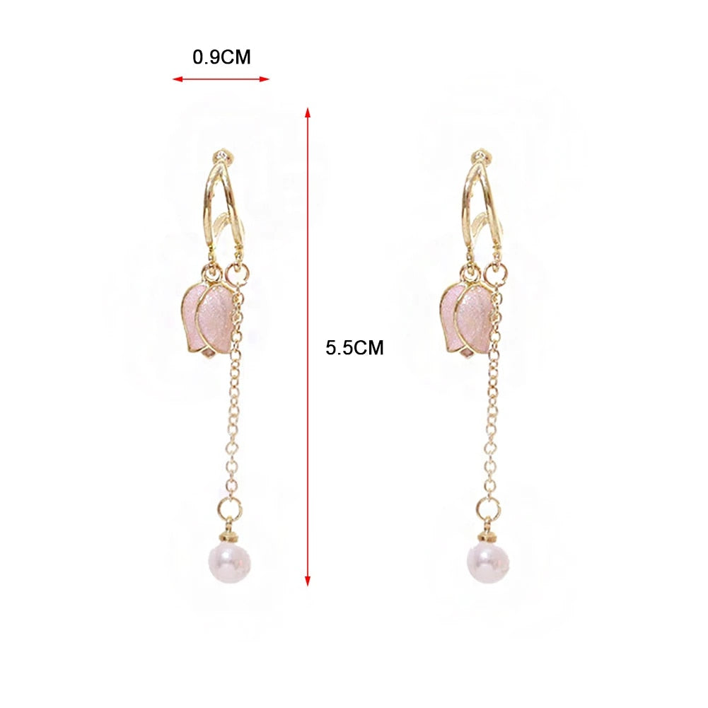 Pink tulip fringe long pearl earrings MK18474 MK Kawaii Store
