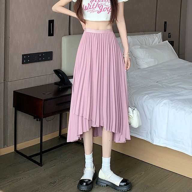 High Waist Irregular Accordion Pleated Midi A-Line Skirt EE22 MK Kawaii Store