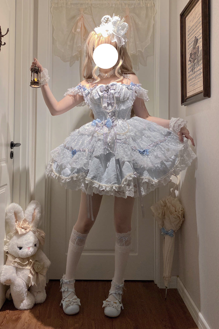 Blue [Anna’s Ball] Square Collar Ruffled Hanayome Bow Lace Sweet Princess Ballet Lolita Jsk Dress