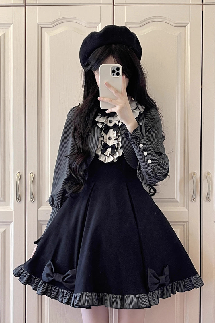 Black Sweet Elegant Lolita Long Sleeve Bowknot Stitching Two-Piece Dress
