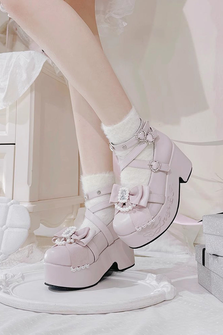 Declaration of First Love Embroidered Bow Sweet Jirai Kei Japanese Platform Shoes in Four Colors