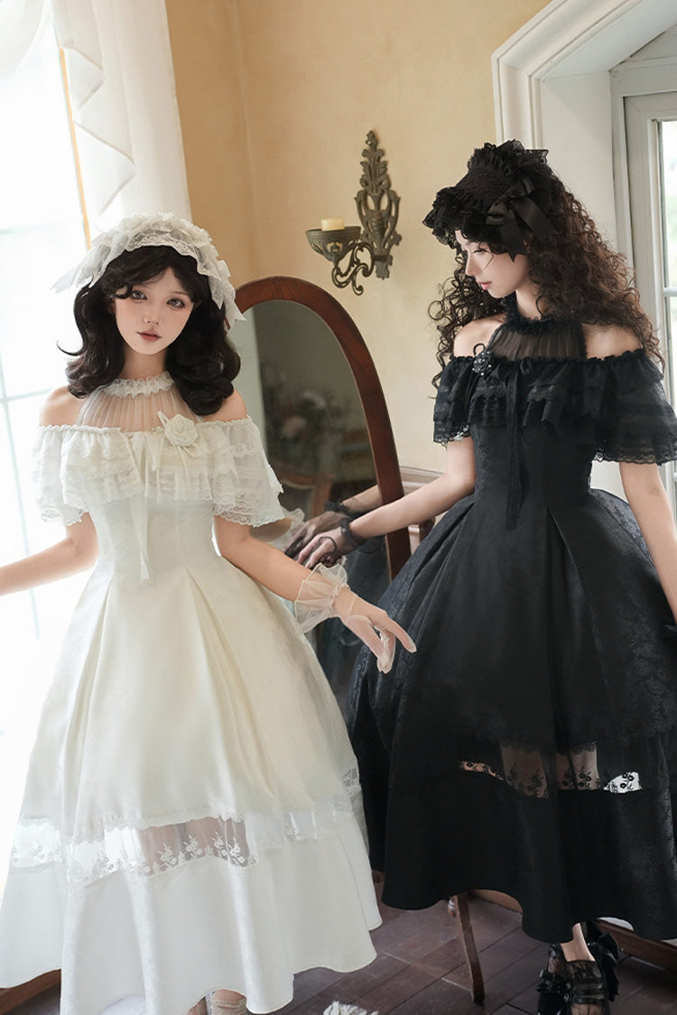 Snow Off Shoulder Halterneck Printed Ruffle Gothic Elegant Dress - Flowers in the Mist