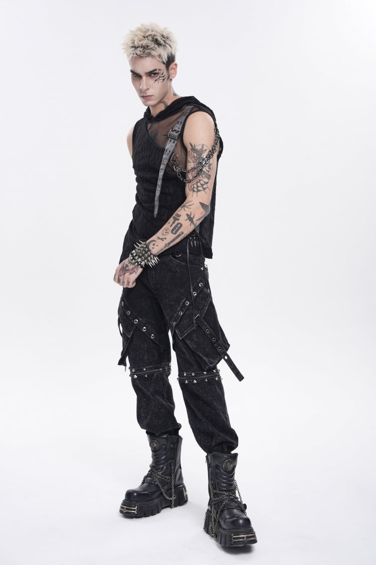 Men's Punk Hooded Vest with Sheer Asymmetric Chain-Decorated Design